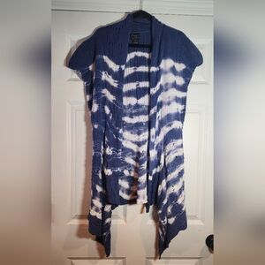 Pure Handknit Cotton Blue And White Tie Dye Style Short Sleeve Cardigan Sweater